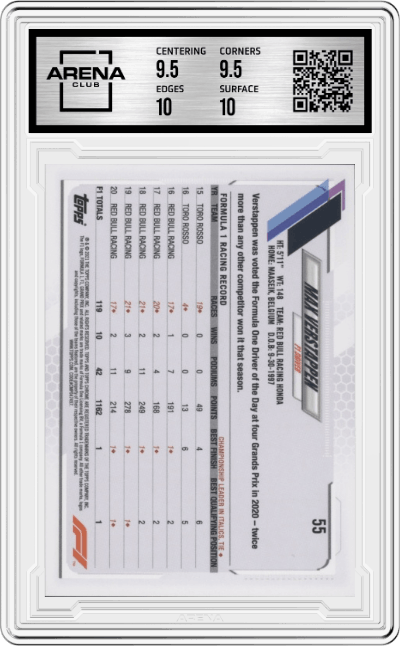 Max Verstappen from the 2021 Topps Chrome F1  set featuring a BW RayWave Refractor parallel graded by Arena Club and given an overall grade of 10.