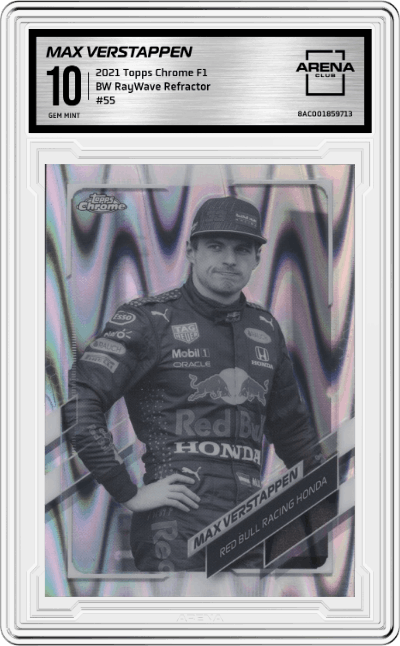 Max Verstappen from the 2021 Topps Chrome F1  set featuring a BW RayWave Refractor parallel graded by Arena Club and given an overall grade of 10.