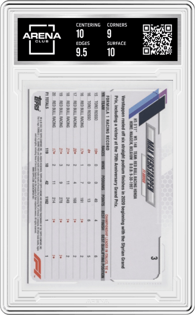 Max Verstappen from the 2021 Topps Chrome F1  set graded by Arena Club and given an overall grade of 9.5.