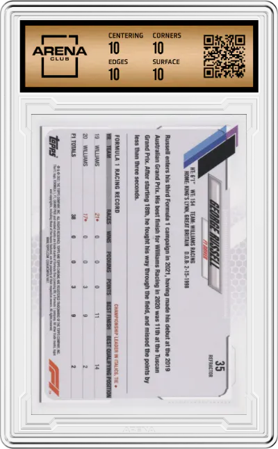 George Russell from the 2021 Topps Chrome F1  set featuring a Refractor parallel graded by Arena Club and given an overall grade of 10.