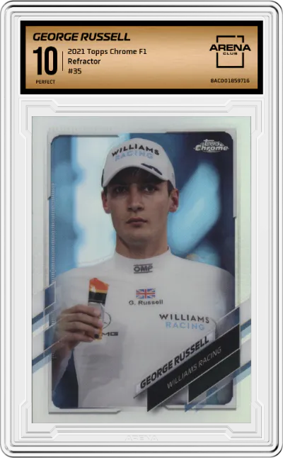 George Russell from the 2021 Topps Chrome F1  set featuring a Refractor parallel graded by Arena Club and given an overall grade of 10.