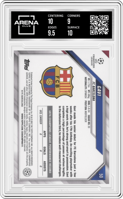 Gavi from the 2021-22 Topps UEFA Champions League 1st Edition set graded by Arena Club and given an overall grade of 9.5.