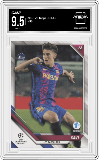Gavi from the 2021-22 Topps UEFA Champions League 1st Edition set graded by Arena Club and given an overall grade of 9.5.