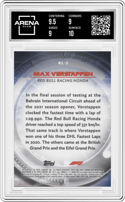 Max Verstappen from the 2021 Topps Chrome F1  set graded by Arena Club and given an overall grade of 9.5.