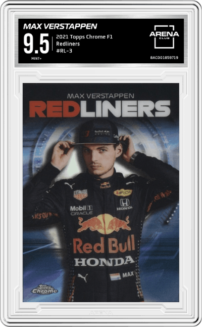 Max Verstappen from the 2021 Topps Chrome F1  set graded by Arena Club and given an overall grade of 9.5.
