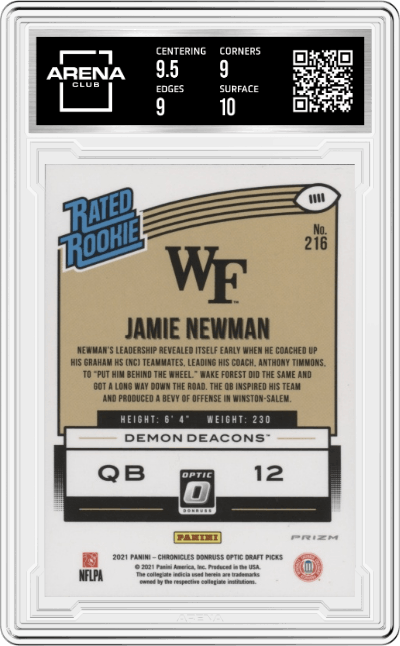 Jamie Newman from the 2021 Panini Chronicles Draft Picks set featuring a Pink parallel graded by Arena Club and given an overall grade of 9.5.