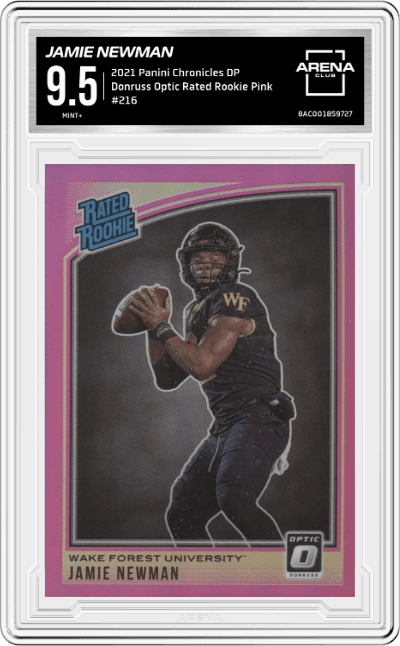 Jamie Newman from the 2021 Panini Chronicles Draft Picks set featuring a Pink parallel graded by Arena Club and given an overall grade of 9.5.