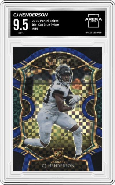 CJ Henderson from the 2020 Panini Select set featuring a Die-Cut Blue Prizm   parallel graded by Arena Club and given an overall grade of 9.5.