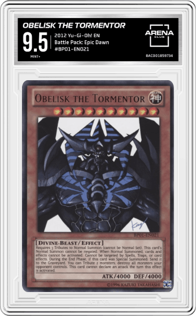 Obelisk The Tormentor from the 2012 Yu-Gi-Oh! EN set graded by Arena Club and given an overall grade of 9.5.