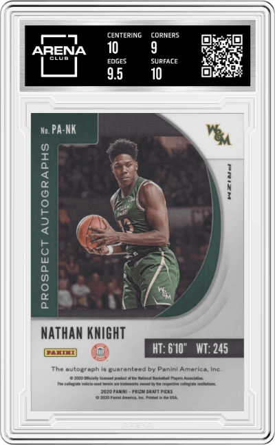 Nathan Knight from the 2020-21 Panini Prizm Draft Picks set featuring a Pink Ice Prizm parallel graded by Arena Club and given an overall grade of 9.5.