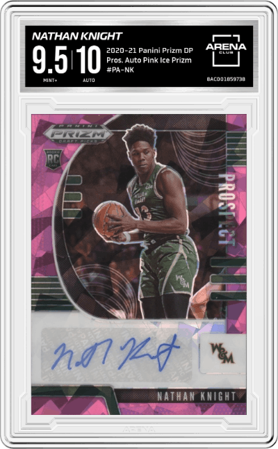 Nathan Knight from the 2020-21 Panini Prizm Draft Picks set featuring a Pink Ice Prizm parallel graded by Arena Club and given an overall grade of 9.5.