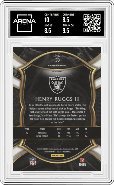 Henry Ruggs III from the 2020 Panini Select set featuring a Silver Prizm parallel graded by Arena Club and given an overall grade of 9.