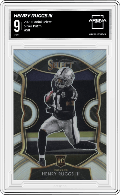 Henry Ruggs III from the 2020 Panini Select set featuring a Silver Prizm parallel graded by Arena Club and given an overall grade of 9.