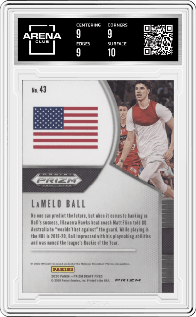 LaMelo Ball from the 2020-21 Panini Prizm Draft Picks set featuring a Green Prizm parallel graded by Arena Club and given an overall grade of 9.5.