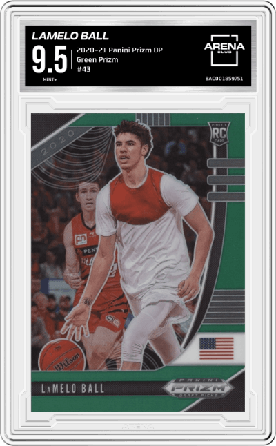 LaMelo Ball from the 2020-21 Panini Prizm Draft Picks set featuring a Green Prizm parallel graded by Arena Club and given an overall grade of 9.5.