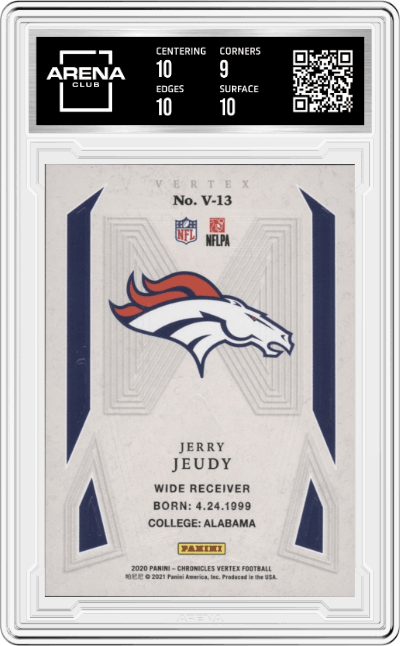 Jerry Jeudy from the 2020 Panini Chronicles set graded by Arena Club and given an overall grade of 9.5.