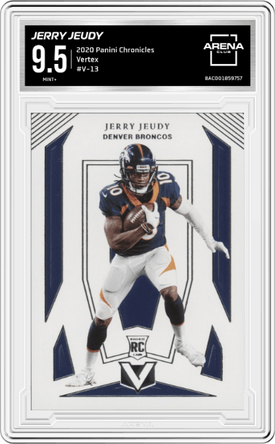 Jerry Jeudy from the 2020 Panini Chronicles set graded by Arena Club and given an overall grade of 9.5.