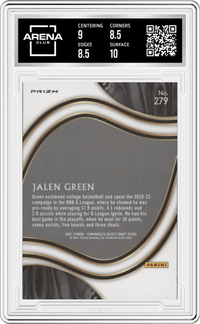 Jalen Green from the 2021-22 Panini Chronicles Draft Picks set featuring a Orange Prizm parallel graded by Arena Club and given an overall grade of 9.