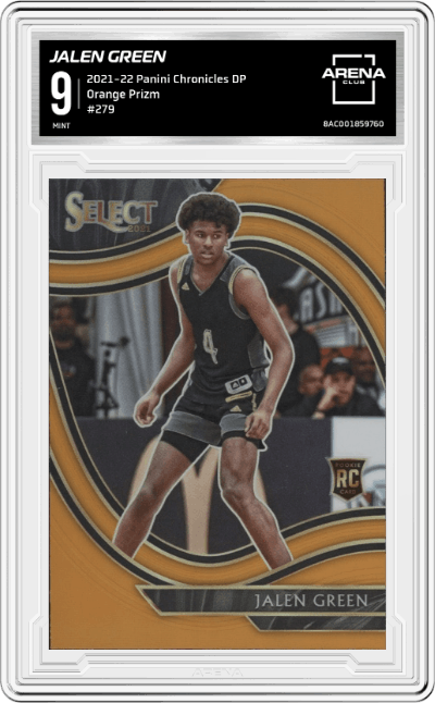 Jalen Green from the 2021-22 Panini Chronicles Draft Picks set featuring a Orange Prizm parallel graded by Arena Club and given an overall grade of 9.