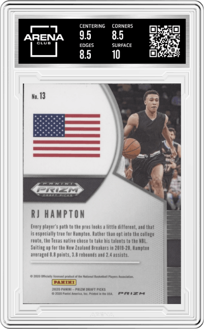RJ Hampton from the 2020-21 Panini Prizm Draft Picks set featuring a Silver Prizm parallel graded by Arena Club and given an overall grade of 9.