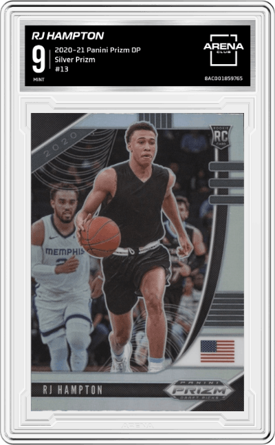 RJ Hampton from the 2020-21 Panini Prizm Draft Picks set featuring a Silver Prizm parallel graded by Arena Club and given an overall grade of 9.