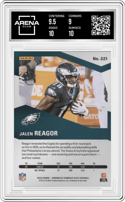 Jalen Reagor from the 2020 Panini Chronicles set featuring a Red parallel graded by Arena Club and given an overall grade of 9.5.
