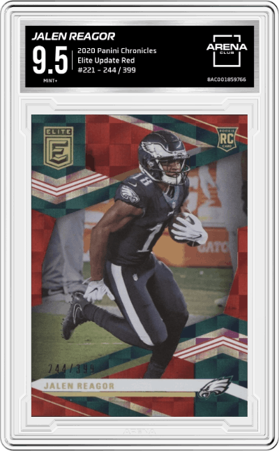 Jalen Reagor from the 2020 Panini Chronicles set featuring a Red parallel graded by Arena Club and given an overall grade of 9.5.