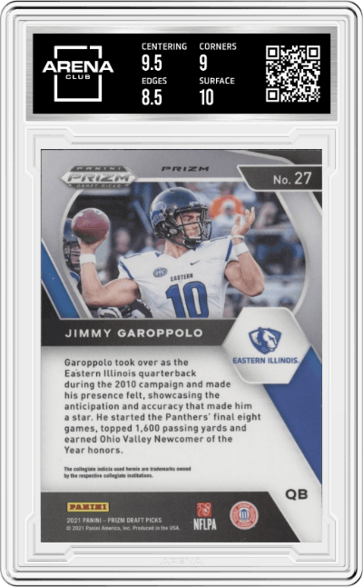 Jimmy Garoppolo from the 2021 Panini Prizm Draft Picks set featuring a Purple Wave Prizm parallel graded by Arena Club and given an overall grade of 9.