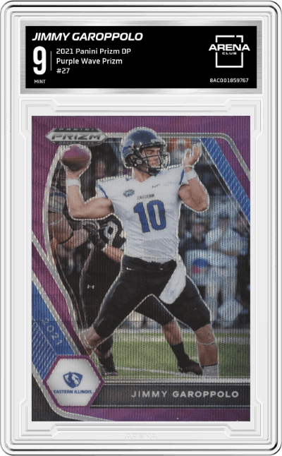 Jimmy Garoppolo from the 2021 Panini Prizm Draft Picks set featuring a Purple Wave Prizm parallel graded by Arena Club and given an overall grade of 9.