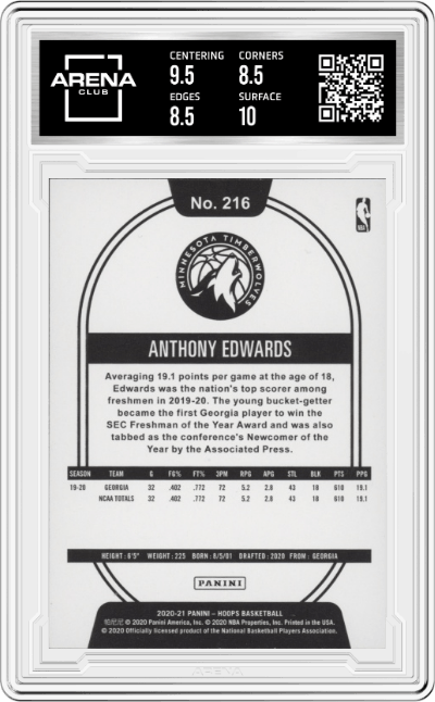 Anthony Edwards from the 2020-21 Panini NBA Hoops set graded by Arena Club and given an overall grade of 9.