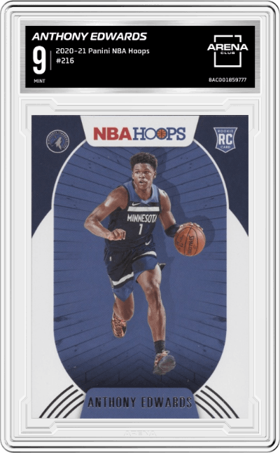 Anthony Edwards from the 2020-21 Panini NBA Hoops set graded by Arena Club and given an overall grade of 9.