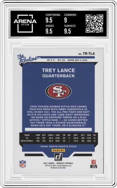 Trey Lance from the 2021 Panini Donruss set graded by Arena Club and given an overall grade of 9.5.