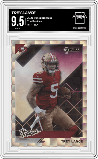 Trey Lance from the 2021 Panini Donruss set graded by Arena Club and given an overall grade of 9.5.