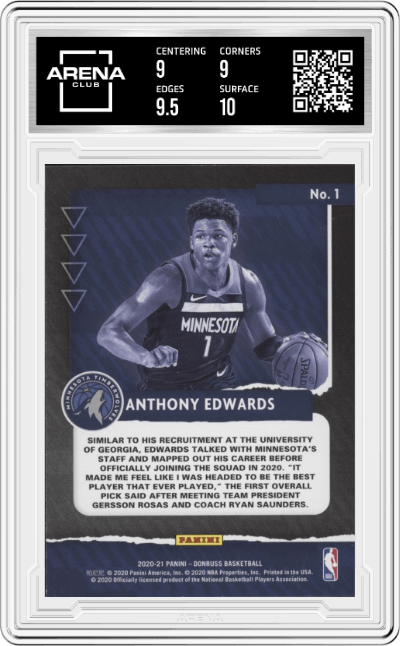 Anthony Edwards from the 2020-21 Panini Donruss set graded by Arena Club and given an overall grade of 9.5.