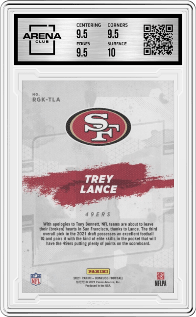 Trey Lance from the 2021 Panini Donruss set graded by Arena Club and given an overall grade of 10.