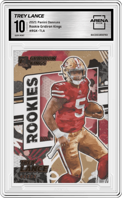 Trey Lance from the 2021 Panini Donruss set graded by Arena Club and given an overall grade of 10.