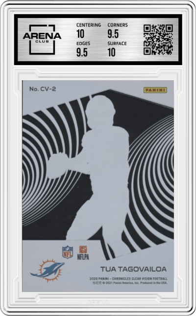 Tua Tagovailoa from the 2020 Panini Chronicles set graded by Arena Club and given an overall grade of 10.