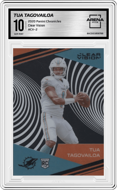 Tua Tagovailoa from the 2020 Panini Chronicles set graded by Arena Club and given an overall grade of 10.
