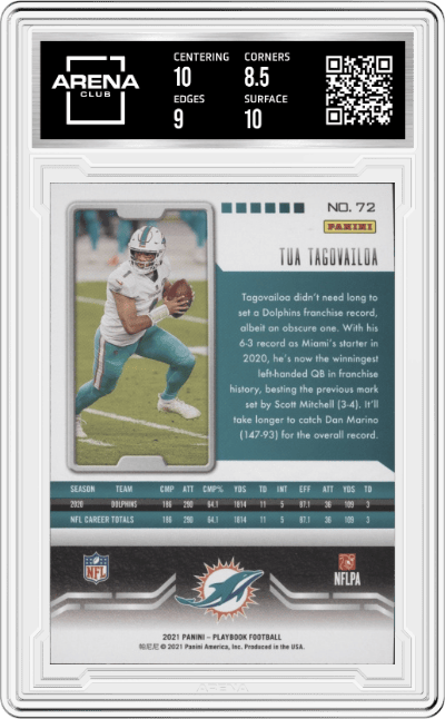 Tua Tagovailoa from the 2021 Panini Playbook set featuring a Mosaic parallel graded by Arena Club and given an overall grade of 9.