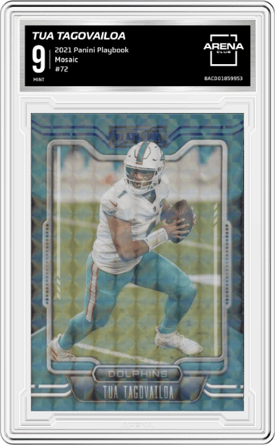 Tua Tagovailoa from the 2021 Panini Playbook set featuring a Mosaic parallel graded by Arena Club and given an overall grade of 9.