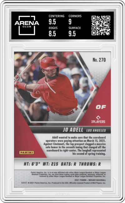 Jo Adell from the 2021 Panini Mosaic  set graded by Arena Club and given an overall grade of 9.