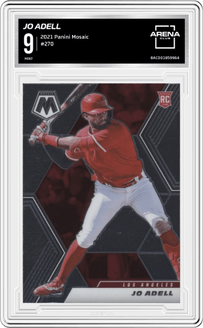 Jo Adell from the 2021 Panini Mosaic  set graded by Arena Club and given an overall grade of 9.
