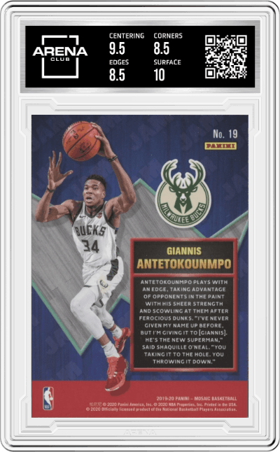 Giannis Antetokounmpo from the 2019-20 Panini Mosaic  set graded by Arena Club and given an overall grade of 9.