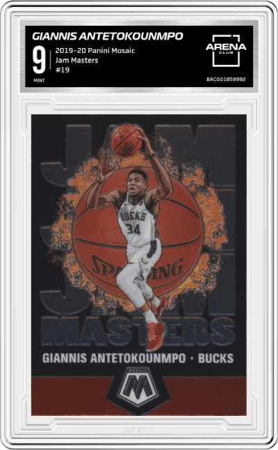 Giannis Antetokounmpo from the 2019-20 Panini Mosaic  set graded by Arena Club and given an overall grade of 9.