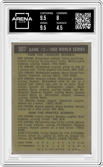 1960 World Series Game 2 from the 1961 Topps set graded by Arena Club and given an overall grade of 5.