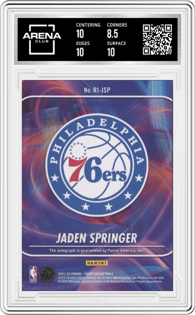 Jaden Springer from the 2021-22 Panini NBA Hoops set graded by Arena Club and given an overall grade of 9.