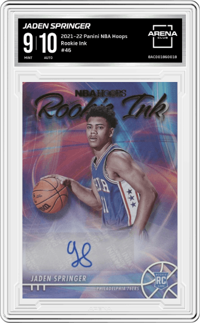 Jaden Springer from the 2021-22 Panini NBA Hoops set graded by Arena Club and given an overall grade of 9.