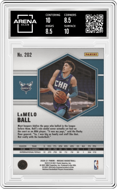LaMelo Ball from the 2020-21 Panini Mosaic set graded by Arena Club and given an overall grade of 9.