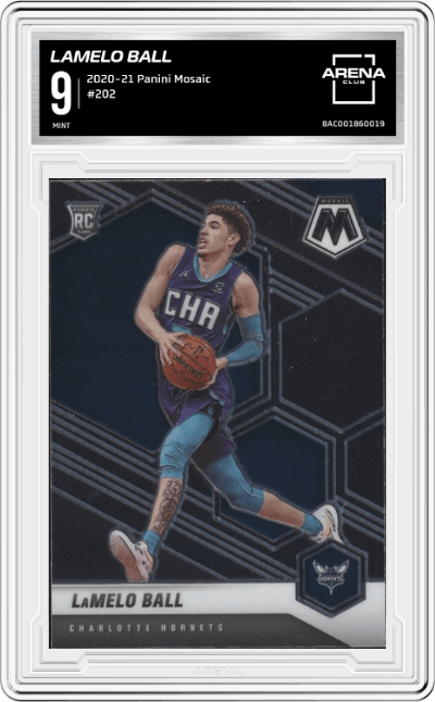 LaMelo Ball from the 2020-21 Panini Mosaic set graded by Arena Club and given an overall grade of 9.