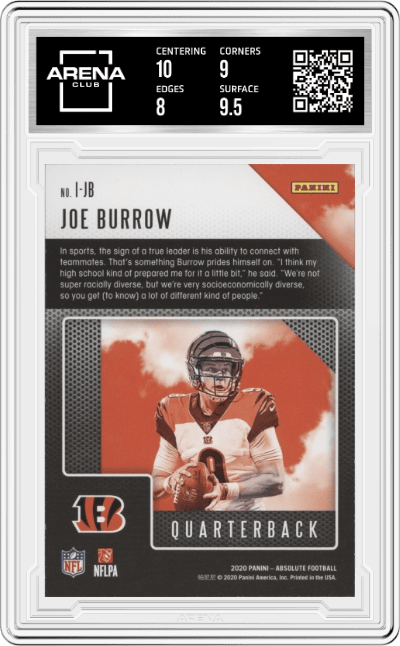 Joe Burrow from the 2020 Panini Absolute set graded by Arena Club and given an overall grade of 8.5.